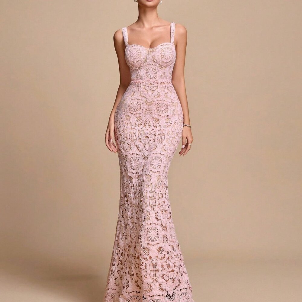 Pink Elegant Women's Lace Spaghetti Strap Fishtail Hem Party Dress - Picture 5 of 7